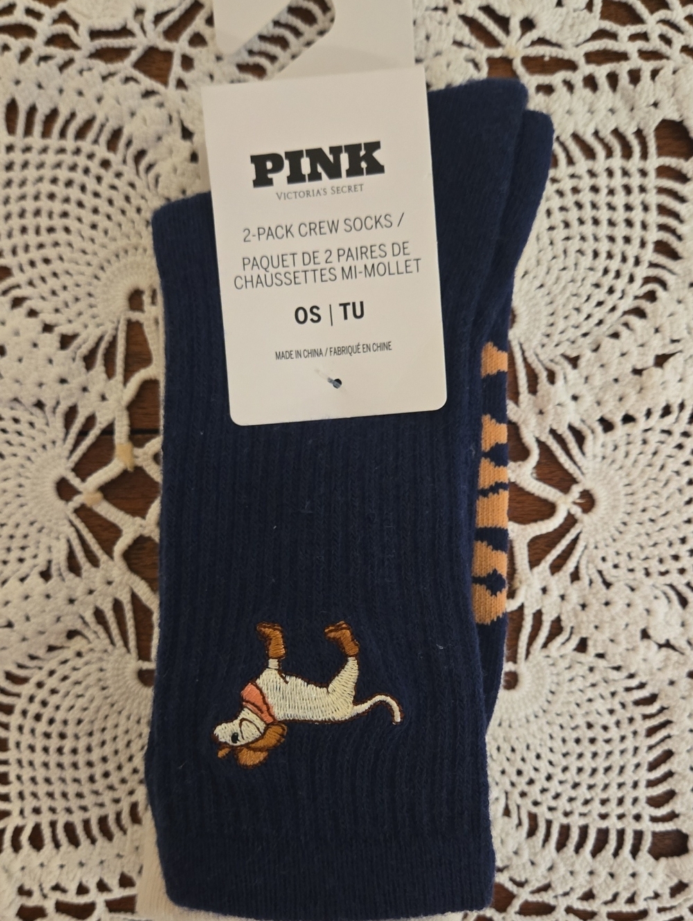 PINK Victoria's Secret Navy Crew Socks with Tan Dog Embroidery - 2 Pack